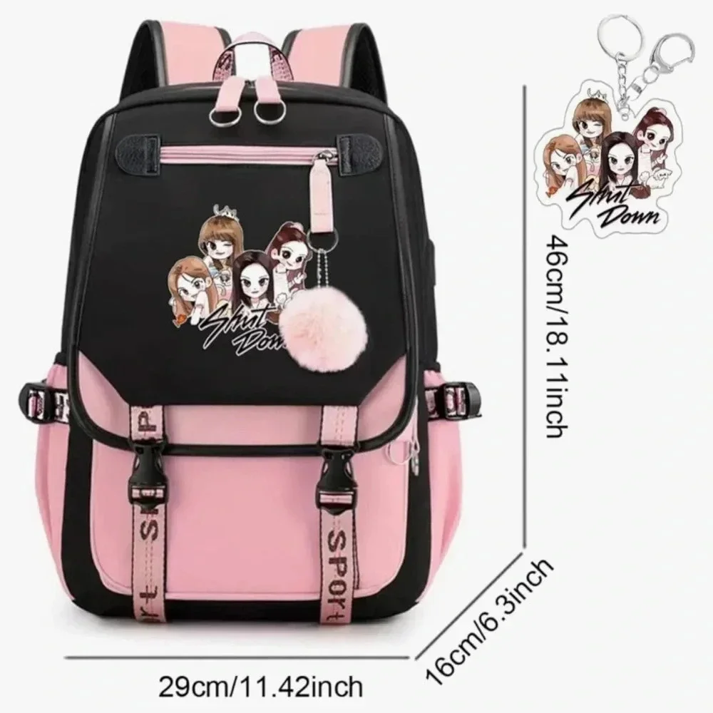 NWT USB Black Backpack Pink Shut Down Korean Casual Backpack Daypack Laptop Bag